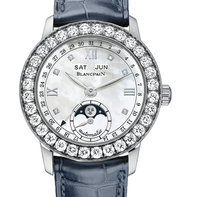 Blancpain Ladybird Quantieme Complet White Gold Diamond Blue Alligator Ladies Watch - 2360 1991A 55A