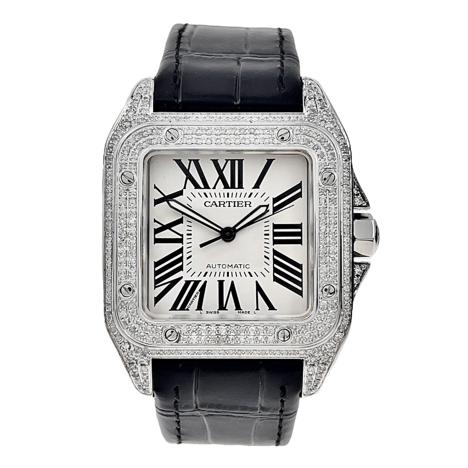 Cartier Santos 100 LM W20073X8 Silver Dial Automatic Men's Watch AM Diamonds