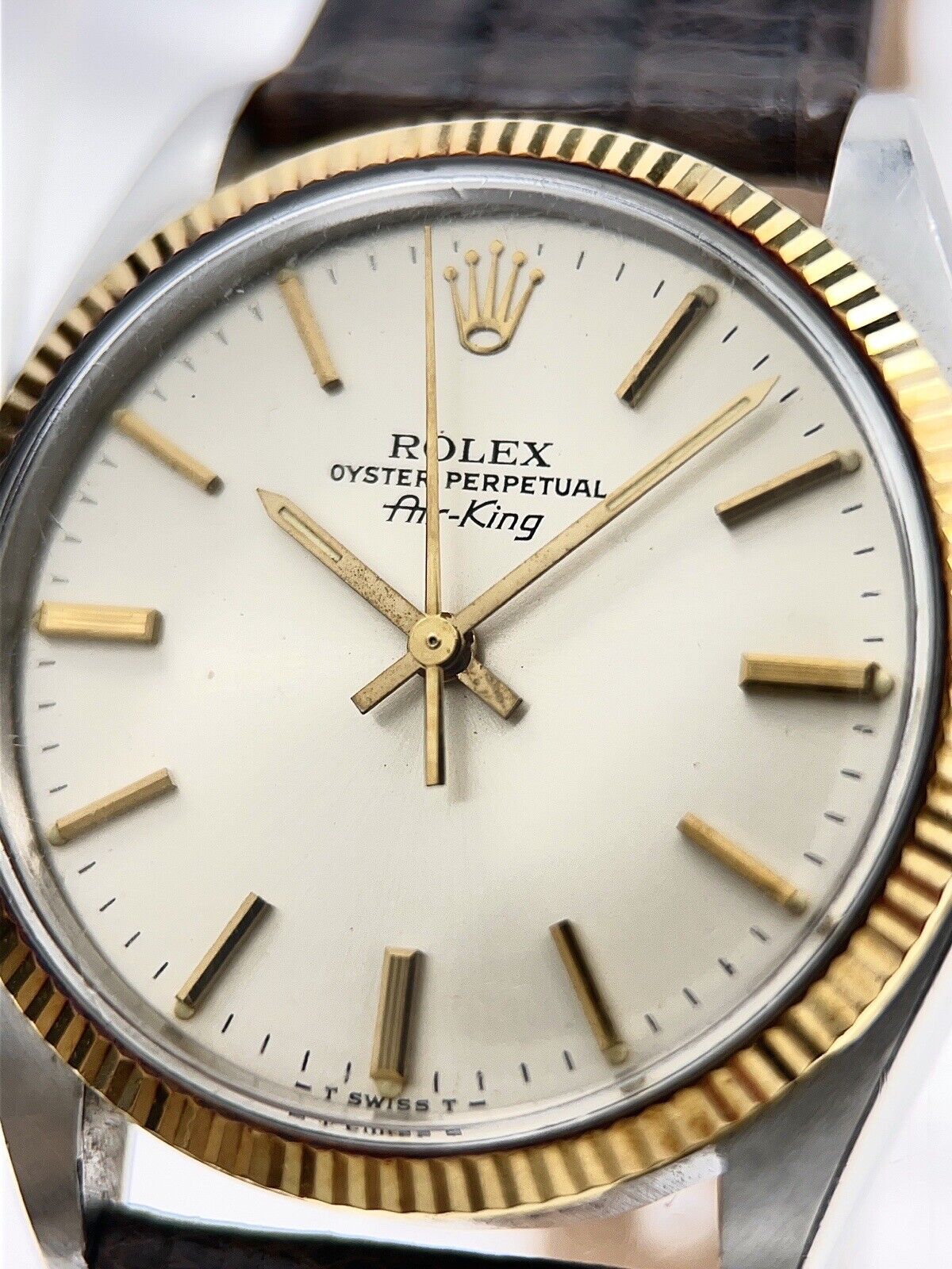 1979 Rolex Air-King 5501 Silver Stick Dial Leather Strap 34mm Automatic Watch