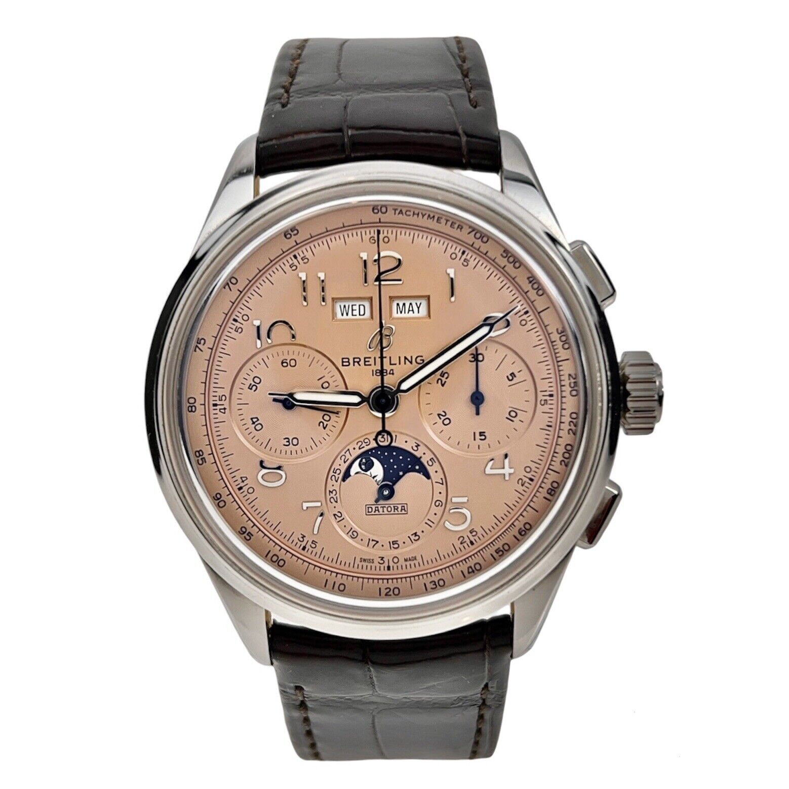 Breitling Premier B25 Datora Salmon Dial Steel Watch AB2510 Box