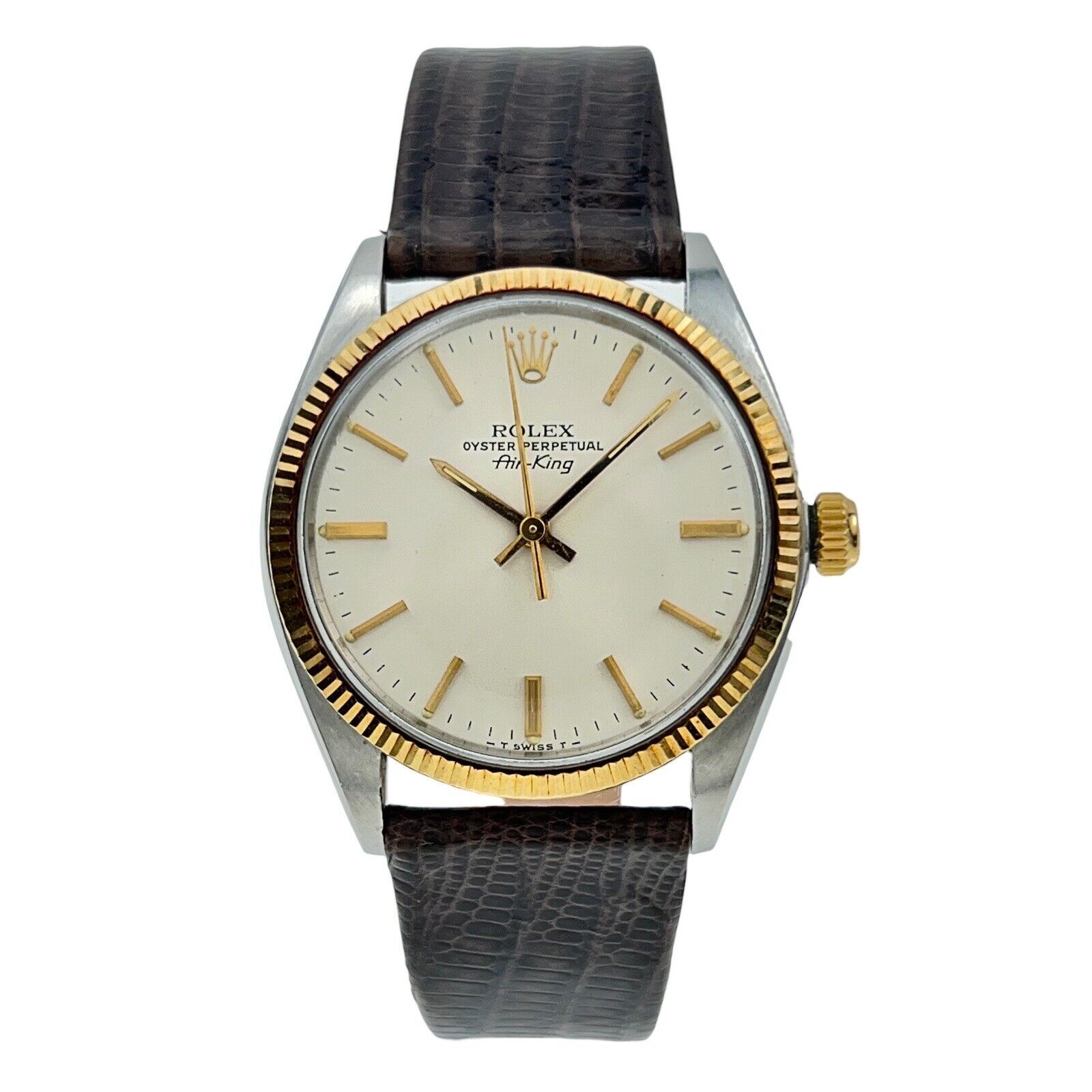 1979 Rolex Air-King 5501 Silver Stick Dial Leather Strap 34mm Automatic Watch