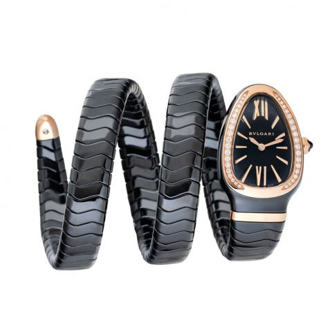 Bvlgari Serpenti Spiga Quartz Black Dial Diamond Bezel Ladies Watch