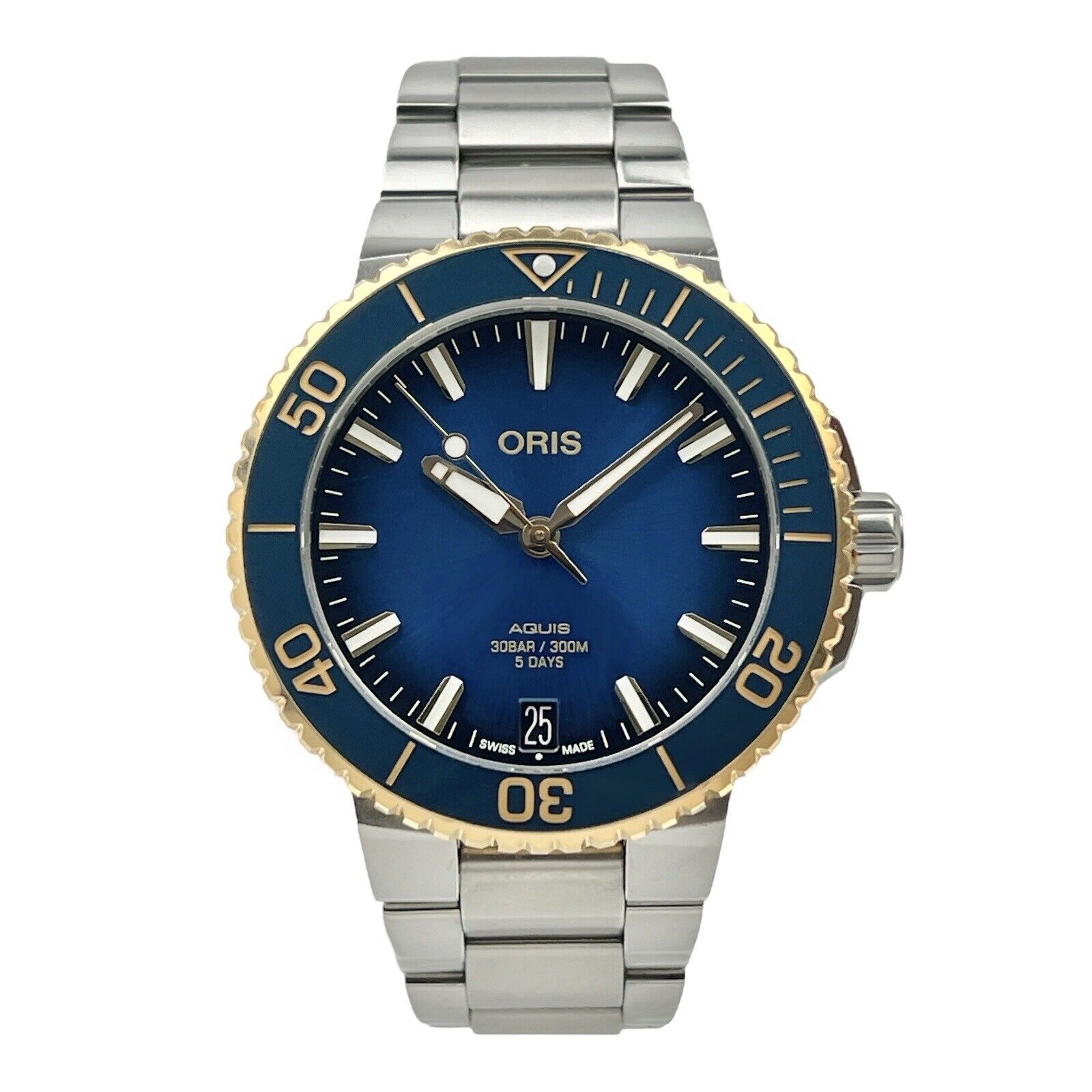 Oris Aquis Date Automatic 41.5mm Blue Dial Watch 18k YG Bezel Box And Papers