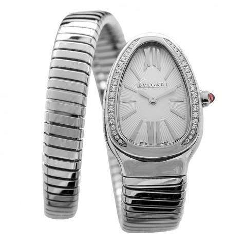 Bvlgari Serpenti Quartz Diamond White Dial Diamond Bezel Rubellite Crown Ladies Watch