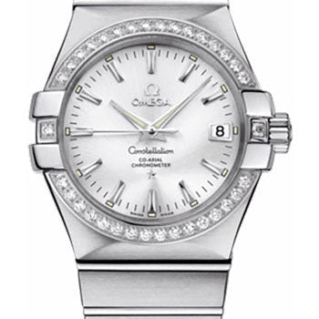 Omega Gents Constellation Chronometer Watch - 35 mm Brushed Steel Case - Diamond Bezel - Silver Dial - 123.15.35.20.02.001