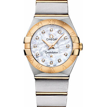 Omega Ladies Constellation Quartz Watch - 24 mm Brushed Steel And Yellow Gold Case - Mother-Of-Pearl Diamond Dial - 123.20.24.60.55.002