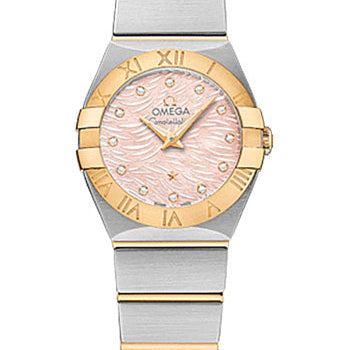 Omega Constellation Quartz Watch - 24 mm Steel Case - 18K Yellow Gold Bezel - Pink Mother-Of-Pearl Diamond Dial - 123.20.24.60.57.004