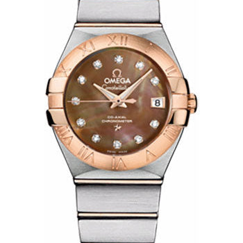 Omega Ladies Constellation Chronometer Watch - 27 mm Brushed Steel And Red Gold Case - Mother-Of-Pearl Diamond Dial - 123.20.27.20.57.001