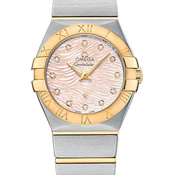 Omega Constellation Quartz Watch - 27 mm Steel Case - 18K Yellow Gold Bezel - Pink Mother-Of-Pearl Diamond Dial - 123.20.27.60.57.005