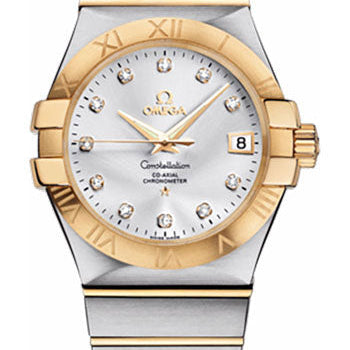 Omega Gents Constellation Chronometer Watch - 35 mm Brushed Steel And Yellow Gold Case - Silver Diamond Dial - 123.20.35.20.52.002