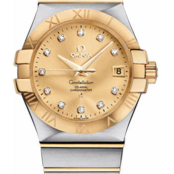 Omega Gents Constellation Chronometer Watch - 35 mm Brushed Steel And Yellow Gold Case - Champagne Diamond Dial - 123.20.35.20.58.001