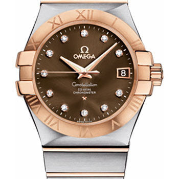 Omega Gents Constellation Chronometer Watch - 35 mm Brushed Steel And Red Gold Case - Brown Diamond Dial - 123.20.35.20.63.001