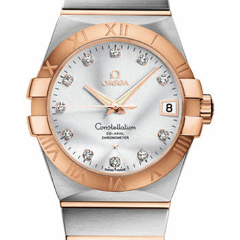Omega Gents Constellation Chronometer Watch - 38 mm Brushed Steel And Red Gold Case - Silver Diamond Dial - 123.20.38.21.52.001