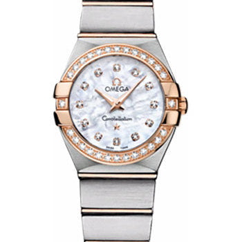 Omega Ladies Constellation Quartz Watch - 24 mm Brushed Steel And Red Gold Case - Diamond Bezel - Mother-Of-Pearl Diamond Dial - 123.25.24.60.55.001