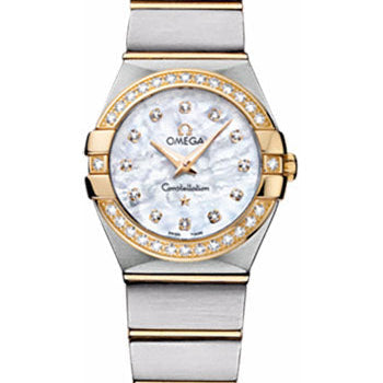 Omega Ladies Constellation Quartz Watch - 24 mm Brushed Steel And Yellow Gold Case - Diamond Bezel - Mother-Of-Pearl Diamond Dial - 123.25.24.60.55.003