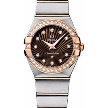Omega Ladies Constellation Quartz Watch - 24 mm Brushed Steel And Red Gold Case - Diamond Bezel - Brown Diamond Dial - 123.25.24.60.63.001
