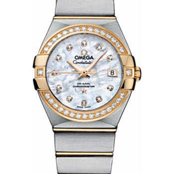 Omega Ladies Constellation Chronometer Watch - 27 mm Brushed Steel And Yellow Gold Case - Diamond Bezel - Mother-Of-Pearl Diamond Dial - 123.25.27.20.55.003