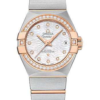 Omega Constellation Co-Axial Watch - 27 mm Steel Case - Diamond-Set 18K Red Gold Bezel - Mother-Of-Pearl Diamond Dial - 123.25.27.20.55.006
