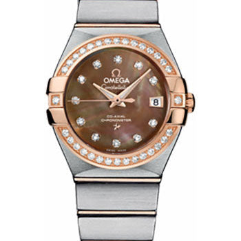 Omega Ladies Constellation Chronometer Watch - 27 mm Brushed Steel And Red Gold Case - Diamond Bezel - Dark Mother-Of-Pearl Diamond Dial - 123.25.27.20.57.001