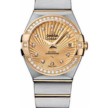 Omega Ladies Constellation Chronometer Watch - 27 mm Brushed Steel And Yellow Gold Case - Diamond Bezel - Champagne Supernova Diamond Dial - 123.25.27.20.58.001
