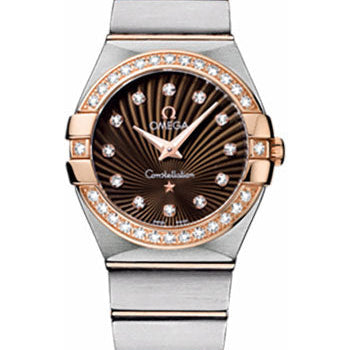 Omega Ladies Constellation Quartz Watch - 27 mm Brushed Steel And Red Gold Case - Diamond Bezel - Brown Diamond Dial - 123.25.27.60.63.001