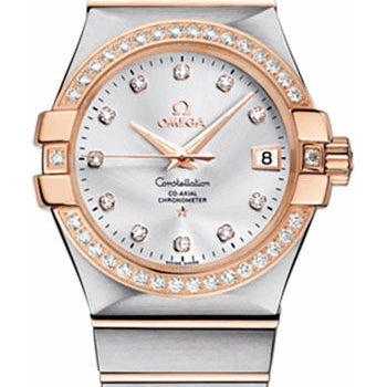 Omega Gents Constellation Chronometer Watch - 35 mm Brushed Steel And Red Gold Case - Diamond Bezel - Silver Diamond Dial - 123.25.35.20.52.001