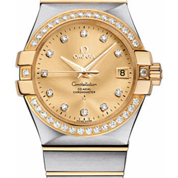 Omega Gents Constellation Chronometer Watch - 35 mm Brushed Steel And Yellow Gold Case - Diamond Bezel - Champagne Diamond Dial - 123.25.35.20.58.001