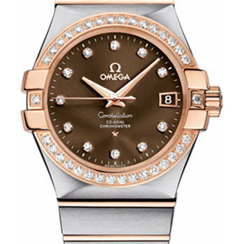 Omega Gents Constellation Chronometer Watch - 35 mm Brushed Steel And Red Gold Case - Diamond Bezel - Brown Diamond Dial - 123.25.35.20.63.001