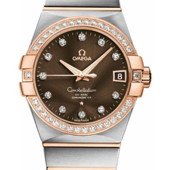 Omega Gents Constellation Chronometer Watch - 38 mm Brushed Steel And Red Gold Case - Diamond Bezel - Brown Diamond Dial - 123.25.38.21.63.001