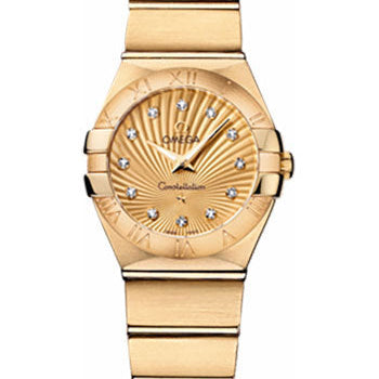 Omega Ladies Constellation Quartz Watch - 24 mm Brushed Yellow Gold Case - Champagne Diamond Dial - 123.50.24.60.58.001