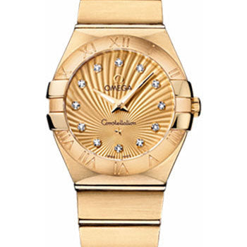 Omega Ladies Constellation Quartz Watch - 27 mm Brushed Yellow Gold Case - Champagne Diamond Dial - 123.50.27.60.58.001