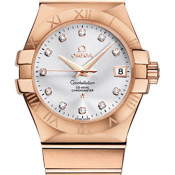 Omega Gents Constellation Chronometer Watch - 35 mm Brushed Red Gold Case - Silver Diamond Dial - 123.50.35.20.52.001
