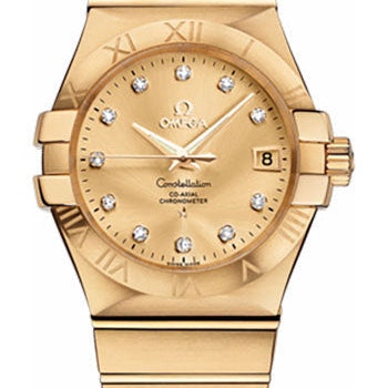 Omega Gents Constellation Chronometer Watch - 35 mm Brushed Yellow Gold Case - Champagne Diamond Dial - 123.50.35.20.58.001