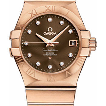 Omega Gents Constellation Chronometer Watch - 35 mm Brushed Red Gold Case - Brown Diamond Dial - 123.50.35.20.63.001