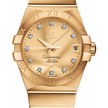 Omega Gents Constellation Chronometer Watch - 38 mm Brushed Yellow Gold Case - Champagne Diamond Dial - 123.50.38.21.58.001