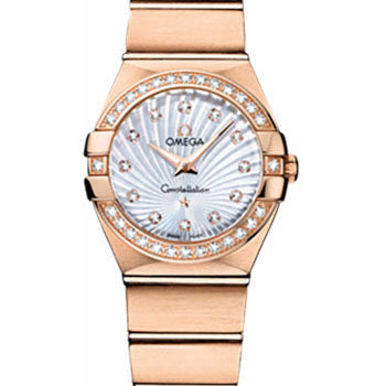 Omega Ladies Constellation Quartz Watch - 24 mm Brushed Red Gold Case - Diamond Bezel - Mother-Of-Pearl Diamond Dial - 123.55.24.60.55.001
