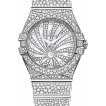 Omega Ladies Constellation Luxury Edition Watch - 24 mm White Gold Case - Snow-Set Diamond Bezel - Mother-Of-Pearl Diamond Dial - 123.55.24.60.55.010