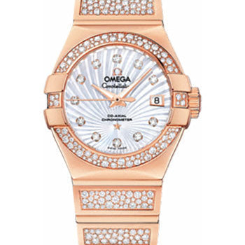 Omega Ladies Constellation Luxury Edition Watch - 27 mm Red Gold Case - Snow-Set Diamond Bezel - Mother-Of-Pearl Supernova Diamond Dial - 123.55.27.20.55.004