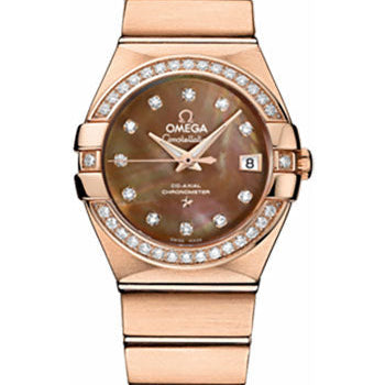 Omega Ladies Constellation Chronometer Watch - 27 mm Brushed Red Gold Case - Diamond Bezel - Dark Mother-Of-Pearl Diamond Dial - 123.55.27.20.57.001