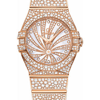 Omega Ladies Constellation Luxury Edition Watch - 27 mm Red Gold Case - Snow-Set Diamond Bezel - Mother-Of-Pearl Diamond Dial - 123.55.27.60.55.009