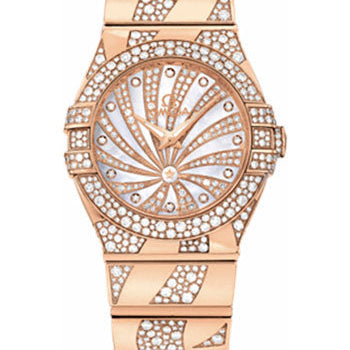 Omega Ladies Constellation Luxury Edition Watch - 27 mm Red Gold Case - Snow-Set Diamond Bezel - Mother-Of-Pearl Diamond Dial - 123.55.27.60.55.011