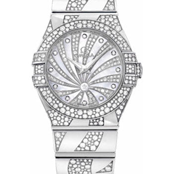 Omega Ladies Constellation Luxury Edition Watch - 27 mm White Gold Case - Snow-Set Diamond Bezel - Mother-Of-Pearl Diamond Dial - 123.55.27.60.55.012