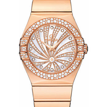 Omega Ladies Constellation Luxury Edition Watch - 27 mm Red Gold Case - Snow-Set Diamond Bezel - Mother-Of-Pearl Diamond Dial - 123.55.27.60.55.013