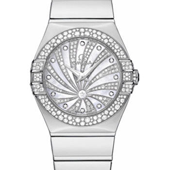 Omega Ladies Constellation Luxury Edition Watch - 27 mm White Gold Case - Snow-Set Diamond Bezel - Mother-Of-Pearl Diamond Dial - 123.55.27.60.55.014