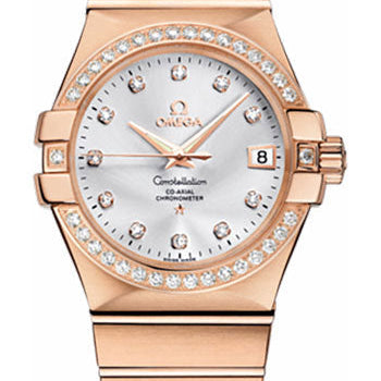 Omega Gents Constellation Chronometer Watch - 35 mm Brushed Red Gold Case - Diamond Bezel - Silver Diamond Dial - 123.55.35.20.52.001