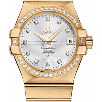 Omega Gents Constellation Chronometer Watch - 35 mm Brushed Yellow Gold Case - Diamond Bezel - Silver Diamond Dial - 123.55.35.20.52.002