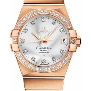 Omega Gents Constellation Chronometer Watch - 38 mm Brushed Red Gold Case - Diamond Bezel - Silver Diamond Dial - 123.55.38.21.52.001