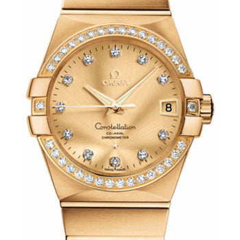 Omega Gents Constellation Chronometer Watch - 38 mm Brushed Yellow Gold Case - Diamond Bezel - Champagne Diamond Dial - 123.55.38.21.58.001