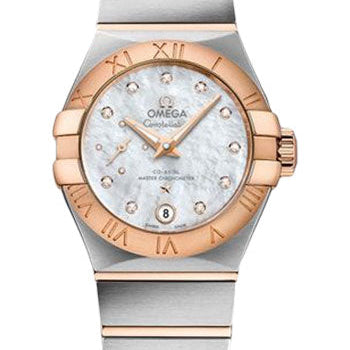 Omega Constellation Co-Axial Master CHRONOMETER Small Seconds Petite Seconde Watch - 27 mm Steel And Red Gold Case - White Mother-Of-Pearl Diamond Dial - 127.20.27.20.55.001