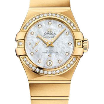 Omega Constellation Co-Axial Master CHRONOMETER Small Seconds Petite Seconde Watch - 27 mm Yellow Gold Case - White Mother-Of-Pearl Diamond Dial - 127.55.27.20.55.002